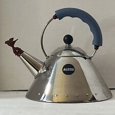 Vintage Alessi Italy Chrome Tea Kettle w blue Handle & Brown Whistling Bird READ picture