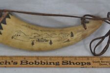 antique powder horn carved cabin scene signed Lemay history 9x2.5 original  picture