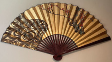 Vintage Large Asian Wall Art Fan Gold & Red Cherry Blossoms Hand-Painted 60