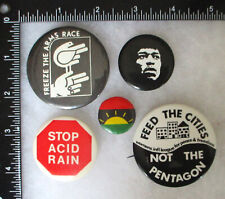 5 1960s 70s PROTEST BUTTON PINS Freeze Arms Race, Stop Acid Rain, Jimi Hendrix picture