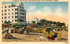 Lauderdale Beach Hotel Tourists Sunbathing FL Florida Vintage Linen Postcard picture