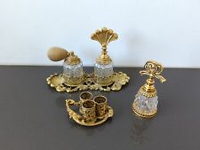Vintage Gold-Plated Ornate Ormalu Perfume Tray 2 Glass Perfume  Lipstick Set K5 picture