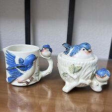 Takahashi Japan Figural Sugar Bowl & Creamer Bluebirds on Tree Branches Vintage picture