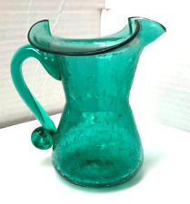Rainbow Glass Co Crackle Glass Pitcher Ruffled Rim Blown  Green Vase pontil Mark picture