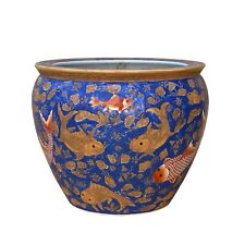 Chinese Oriental Vintage Porcelain Blue Golden Fishes Graphic Pot ws1631 picture