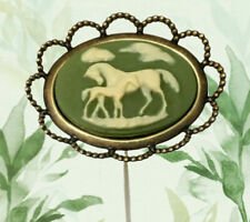 HATPIN with GREEN & IVORY CAMEO of COLT & HORSE / MARE - Antique Brass Finish picture