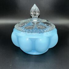 Fenton Beaded Melon Blue Opaline Vanity Powder Dish w/Clear Lid MCM Candy Dish picture
