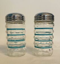 Vintage Aqua Stripe Ribbed Glass Salt & Pepper Shakers Anchor Hocking Fire King picture
