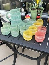 COLOR CRAFT SPAGHETTI STRING VINTAGE MCM Pitcher, 15 Roly Poly Cups 16 Piece picture