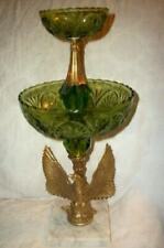 1960s EARLY AMERICAN BRASS EAGLE GREEN GLASS MARBLE 2 TIER COMPOTE MID CENTURY picture