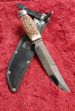 Vint Solingen German hunting Knife Bowie Red Stag Bone W/Case Ed Wusthof Trident picture