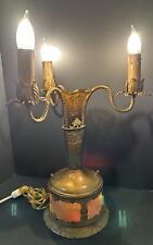 VTG Art Deco Brass Amber Glass Electric 3 Arm Candelabra Table Lamp Lighted Base picture
