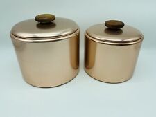 Vtg 50s Mirro Aluminum Copper Nesting Canister Lid Set (2) Wood Handle Anodized picture