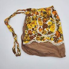 Vintage Brown Yellow Floral MCM Fancy Lace Cotton Half Apron Reversible Pockets picture