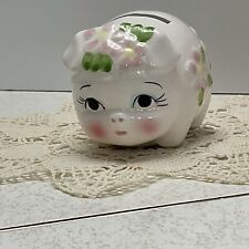 Vintage Ceramic Lefton  2.5” Pink Piggy Bank with Flowers and Stopper  Tiny/Cute picture