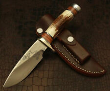 LOM CUSTOM HANDMADE D-2 STEEL STAG HORN MIRROR POLISHED TRAPPER KNIFE W/ SHEATH picture