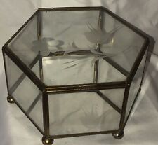 Vintage Hexagon Glass & Brass Trinket Jewlery Box Mirror Bottom Etched Bird picture