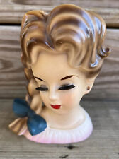 Vintage Lady Head Vase Pink Blue Bow Twisted Braid No Maker 5.5” picture
