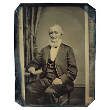 Solemn Old Man & Curtain Beard Tintype c1870 Whole Full Plate Elder & Chair A601 picture