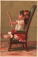 1880s-90s Young Girl on Chair Looking into Mirror Gold Background Trade Card picture