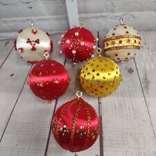 LOT6 VTG Push Pin Satin Christmas Balls Pearl Sequins Lace Red White Gold MCM 4