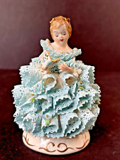 MZ Irish Dresden Blue Lace Porcelain Lady Figurine Cornelia Holding Book 4 1/2
