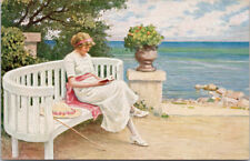 Paul Fischer Danische Kunst Woman in White Dress Reading Seaside Postcard E94 picture