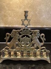 ANTIQUE VTG HEAVY BRONZE BRASS 9 HEADS JEWISH MENORAH WITH LIONS OLD JEWISH HOME picture