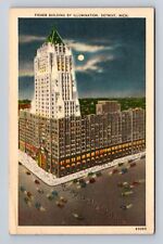 Detroit MI-Michigan, Fisher Building By Illumination, Vintage c1944 Postcard picture