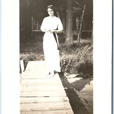 c1910s Beautiful Elegant Lady Outdoor RPPC Cute White Girl Slim Dress Photo A261 picture