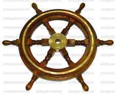 Wooden SHIP WHEEL 18 Inch Brass Nautical Collectible Wall Decor Vintage Brown picture