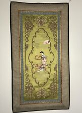 VTG Fine Chinese Silk Embroidery Tapestry Woman And Rabbit-Mustard Yellow Gold picture