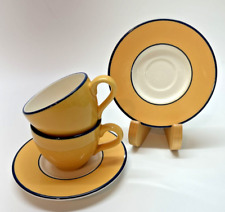 Vtg Two 2 Small Pagnossin SPA YELLOW Coffee Tea Cups & Saucers Italy Blue Trim picture