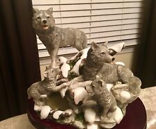 Beautiful Wolf Wolves Pups Family Den Sculpture On Wood Base picture