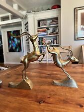 Mid-Century Solid Brass Leaping Gazelle Deer Antelope Pair Vintage picture