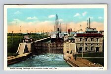 Soo Ontario Canada, Boats Passing Thru Canadian Locks, c1943 Vintage Postcard picture