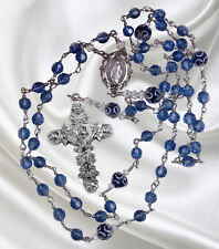 Unbreakable Handmade Catholic Rosary Czech Crystal Sapphire Ornate Rose Crucifix picture