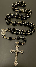 Catholic Black Glass 5 Decade Rosary, Silver Tone Crucifix picture