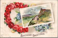 Vintage 1910s BIRTHDAY GREETINGS Embossed Postcard Coastal Town / Pink Roses picture