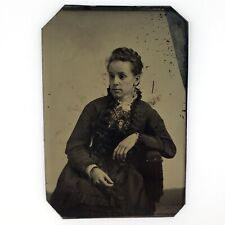 Young Armchair Woman Resting Tintype c1870 Antique 1/6 Plate Girl Photo D1423 picture