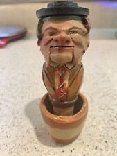 Vintage ANRI Mechanical Carved Wood Man Hat Lifting Another Man Cork Italy picture