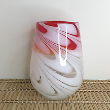Murano Style Hand Blown Art Glass White Swirl / Drapery Vase  W/ Red Rim 9