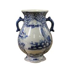 Chinese Blue White Porcelain Scenery Graphic Flower Shape Vase ws727 picture