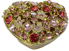 Small Gold and Pink Floral Heart Rhinestone Encrusted Hinged Metal Jewelry Box picture
