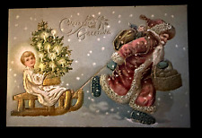 Red Robe Santa Claus Pulls Angel with Tree on Sled~1907~Christmas Postcard~k452 picture