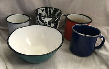 Lot of 4 Vintage Cups/Mugs & 1 Bowl Enamelware Farm House Multicolored Dishes picture