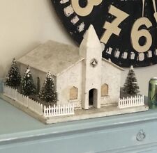 Antique Vintage Christmas HUGE Hand Made Wood Church Lighted Mica Fence Trees ⛪️ picture