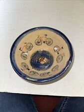 Handmade Pottery Bowl Dish Bicycle Hand Painted Glazed picture