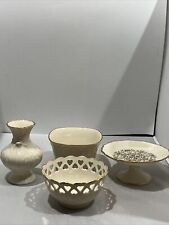 (4) LENOX Cream Vases w/ Gold Rim 4.5”; 5”; 4” ; 2” Candle Holder + Dish picture