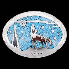 Lone Wolf Moon Night Sky 1980s Vintage Belt Buckle picture